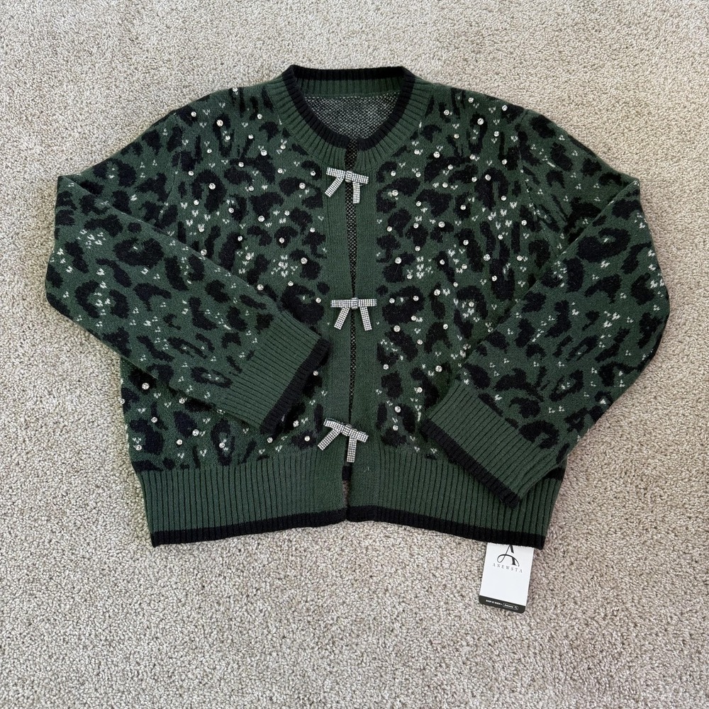 Anewsta Cardigan Sweater Womens Large Green Leopard Crew Neck Rhinestone Bow